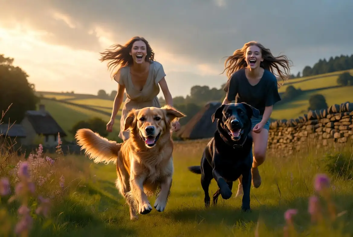 A golden retriever and black labrador racing side-by-side with a joyful family through Cotswolds countryside at golden hour, stone walls and wildflowers