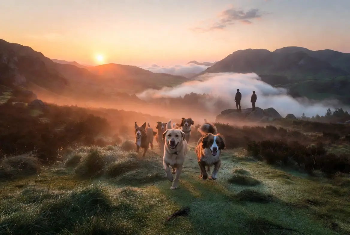 A pack of ecstatic dogs bounding through dew-covered grass in the Lake District at sunrise, misty valleys and mountain ridges behind